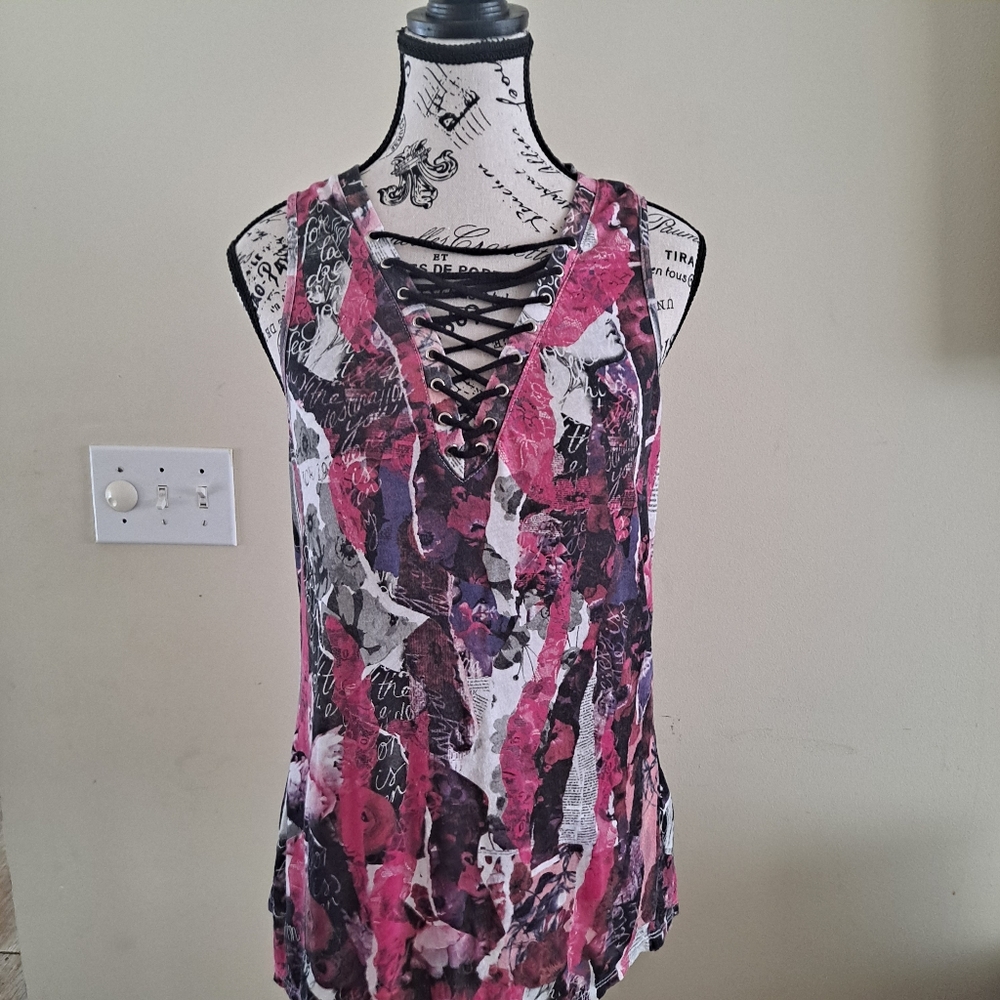 Guess Pink and Black Lace-Up Tank Top